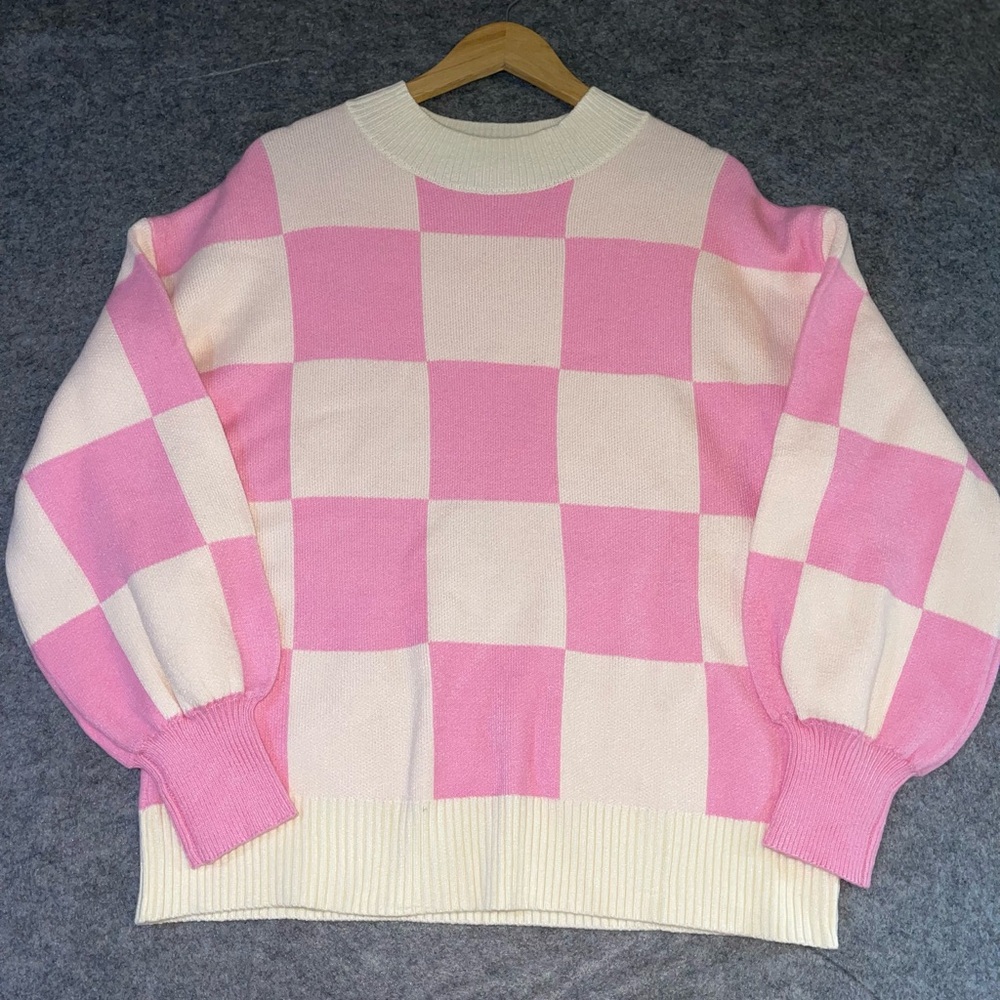 ZESICA Pink Checkerboard Knit Sweater L • Softgirl Pastel Cozy Pullover